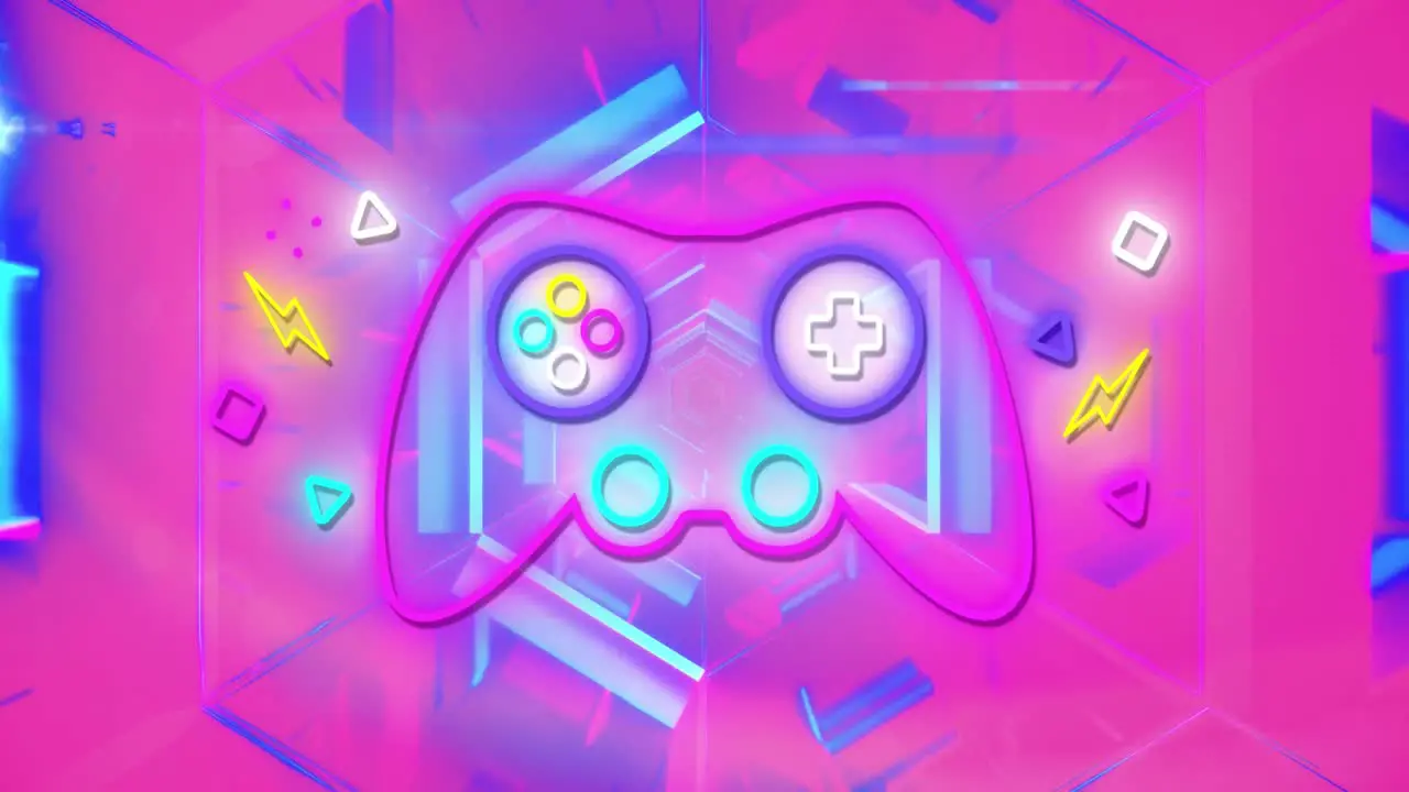 Animation of neon game control pad flickering on vibrant neon background