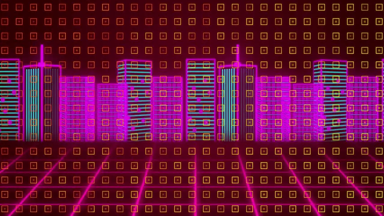 Animation of yellow geometrical shapes colorful digital cityscape and moving colorful moving grid