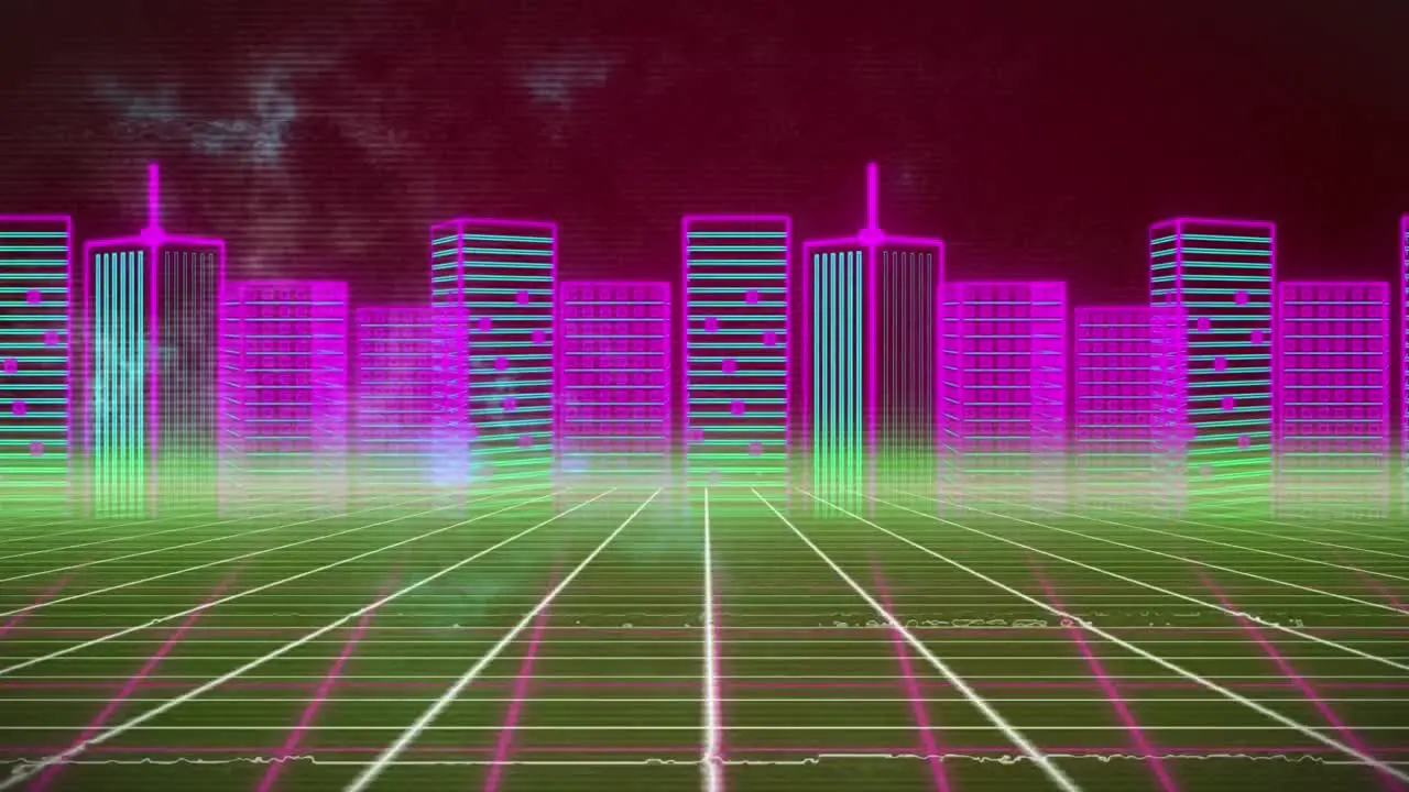 Animation of colorful digital cityscape over blue clouds and moving colorful grid