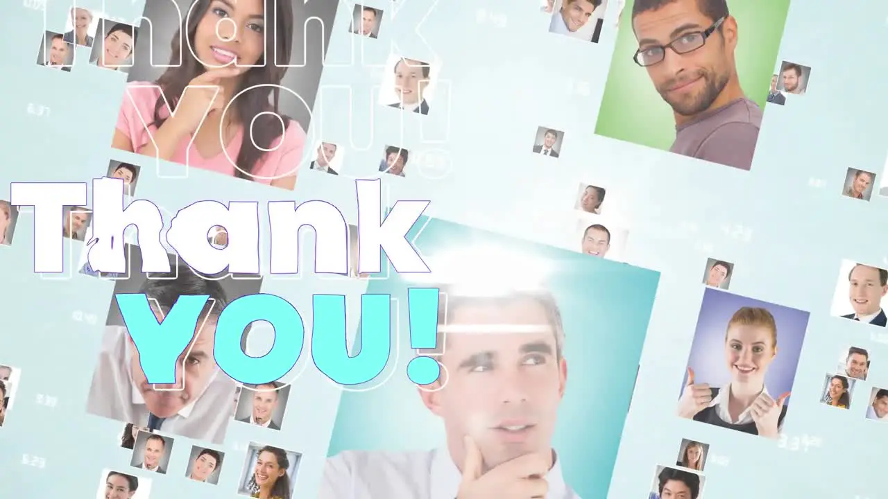 Animation of thank you text in repetition over photographs of people on light blue background