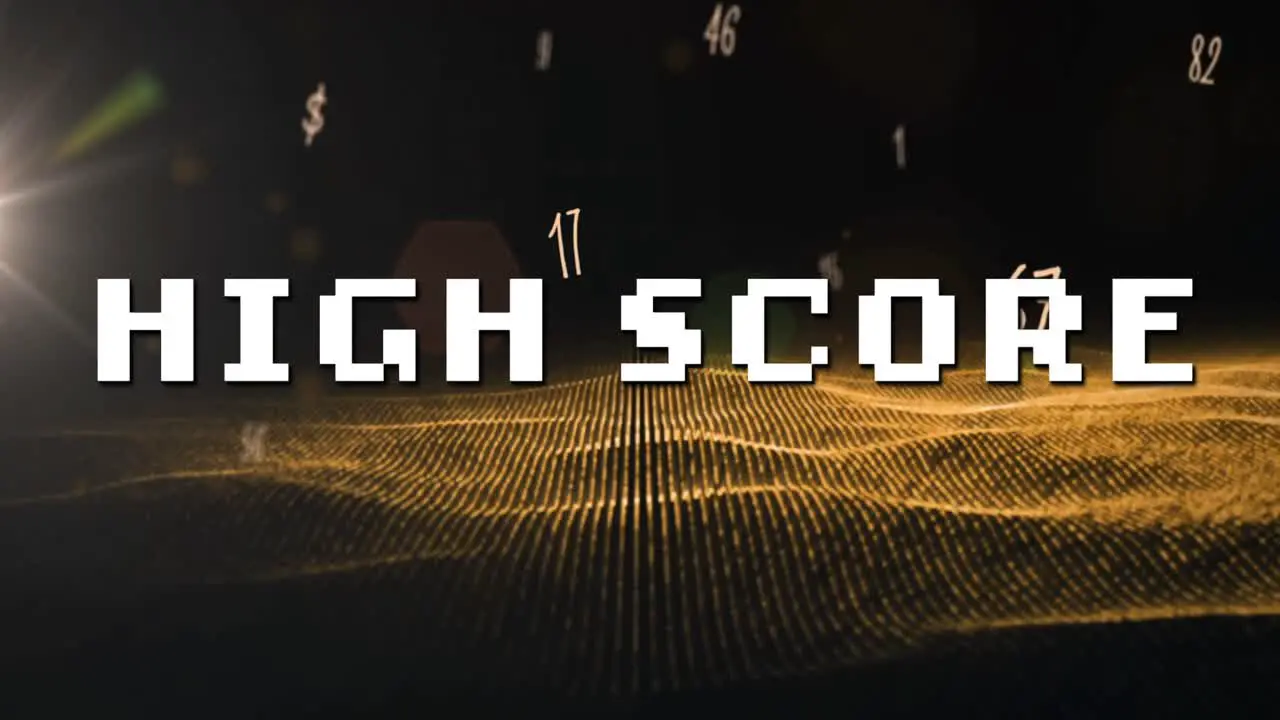 Animation of high score text over glowing dots and letters on black background