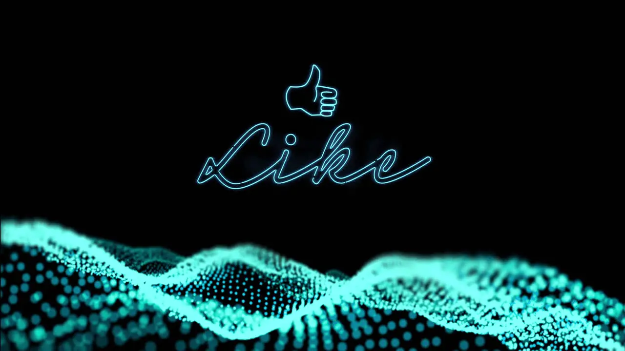 Animation of neon like and hand up over black background with blue glitter