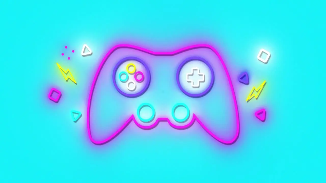 Animation of neon game control pad flickering on vibrant neon striped background