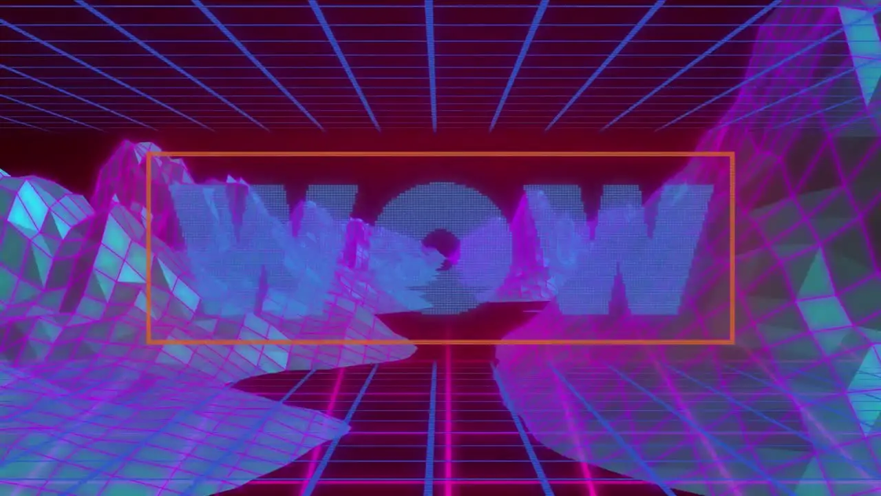 Animation of wow text over colorful digital landscape on moving colorful grid