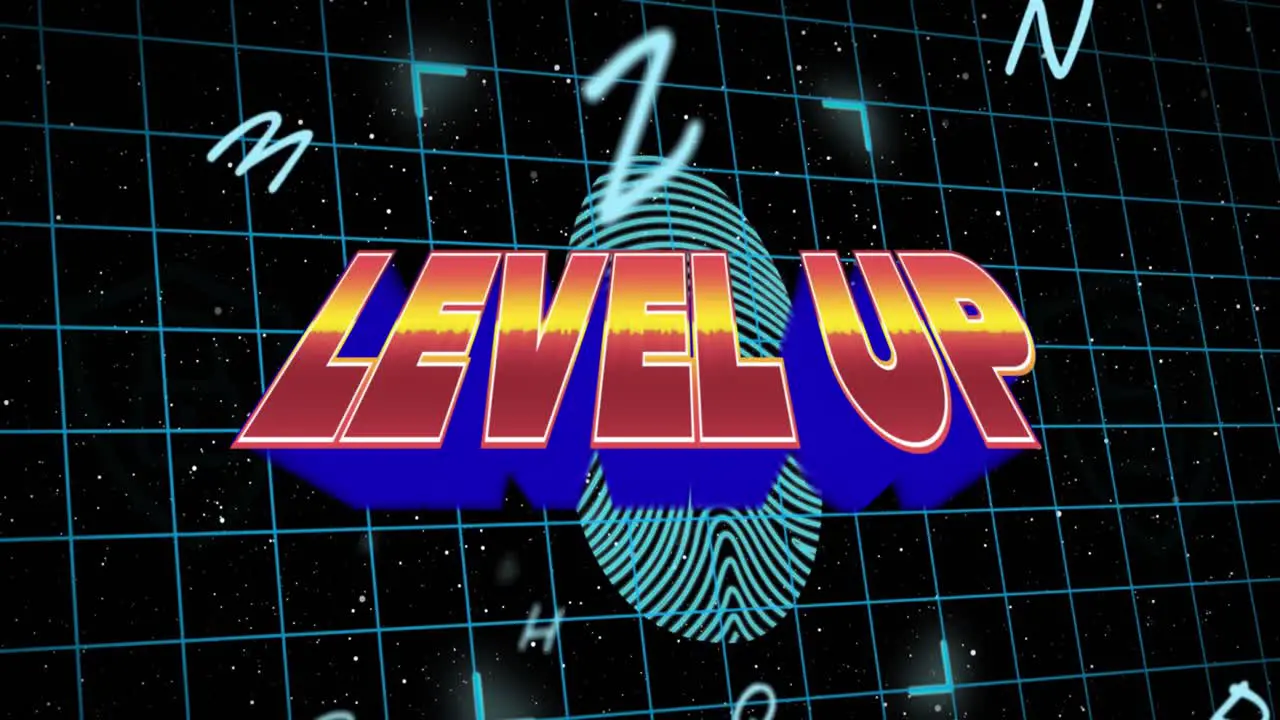 Animation of level up text over fingerprint and letters on black background