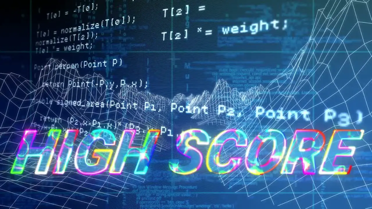 Animation of high score over data processing on blue background with metaverse landscape