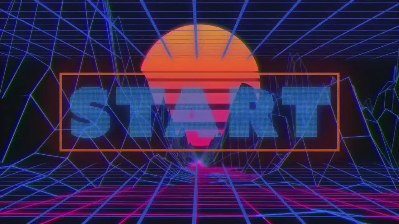 Animation of start text over colorful digital landscape on moving colorful grid