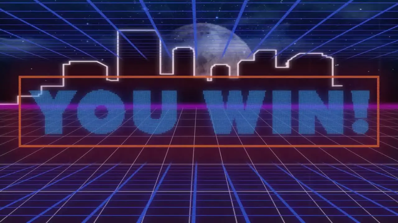 Animation of you win text over colorful digital cityscape on moving colorful grid