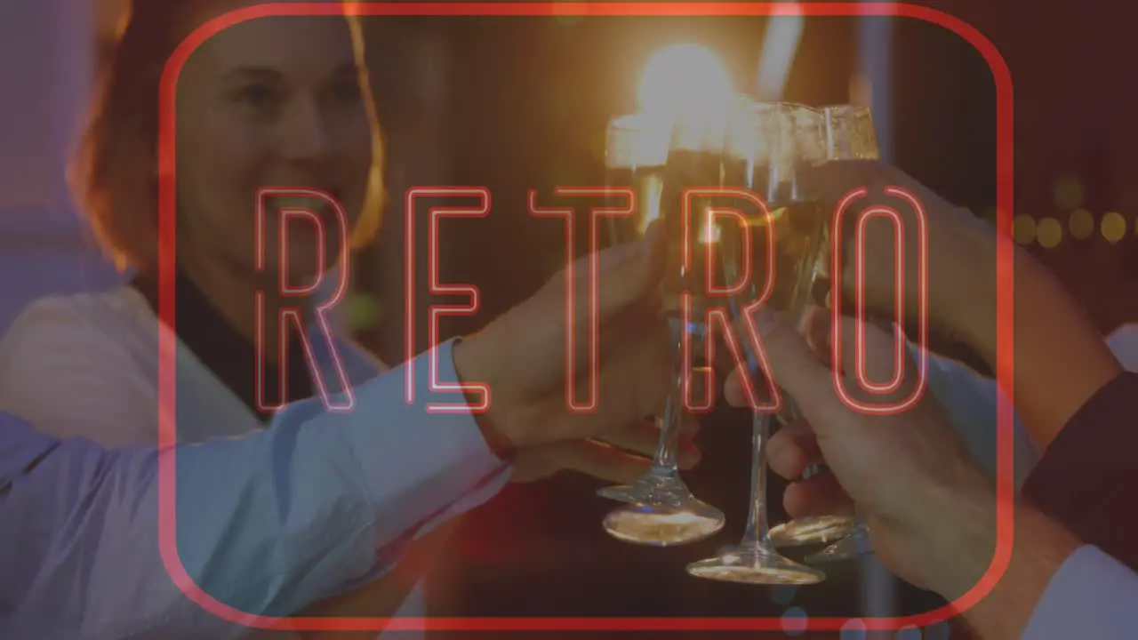 Animation of neon retro text in red over smiling friends making toast in bar