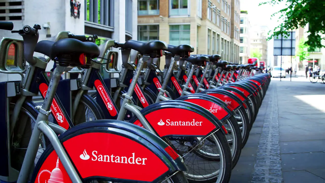 LONDON MAY 2017 A row of city bikes available for hire in the City of London