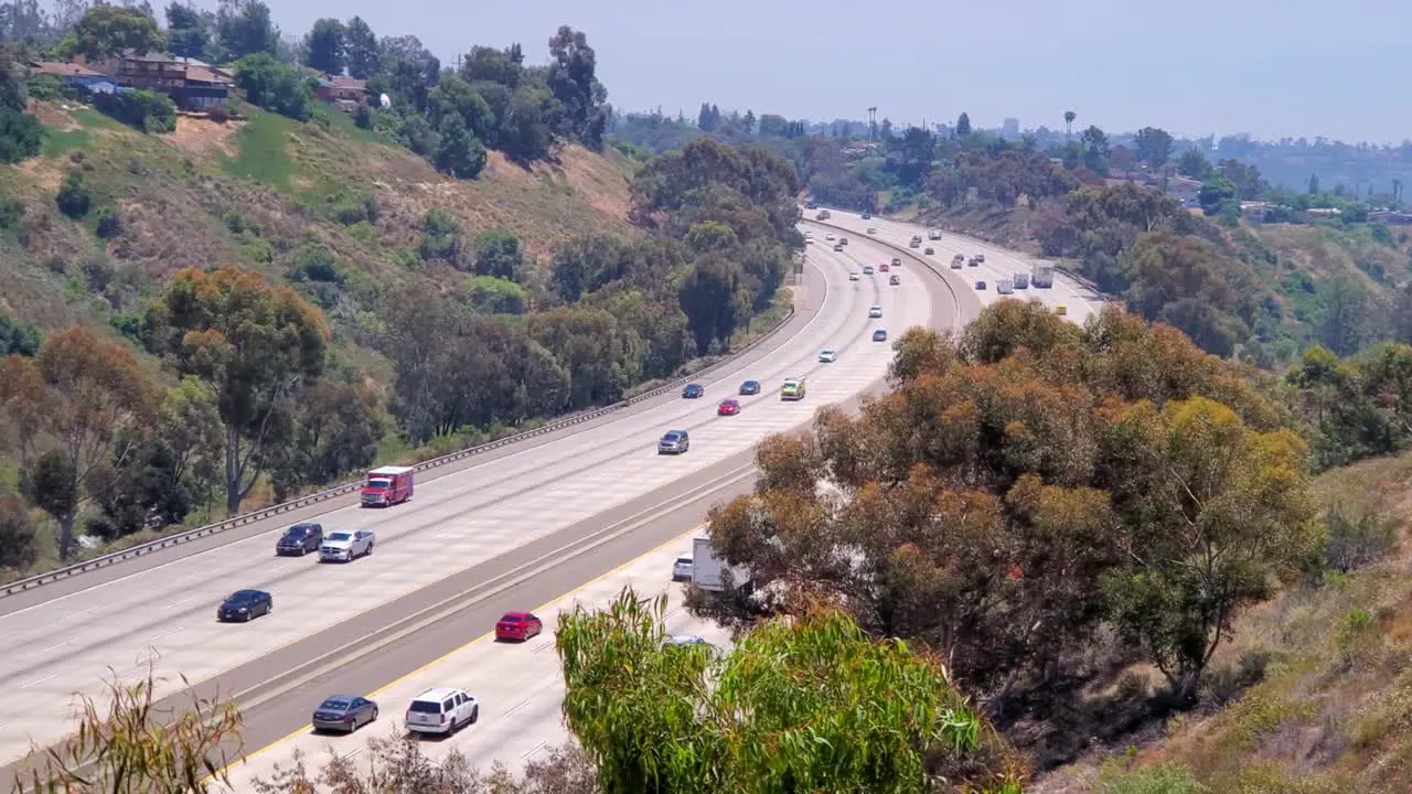 Interstate i805 at Kearny Mesa facing south with moderate traffic during the COVID Pandemic High angle shot