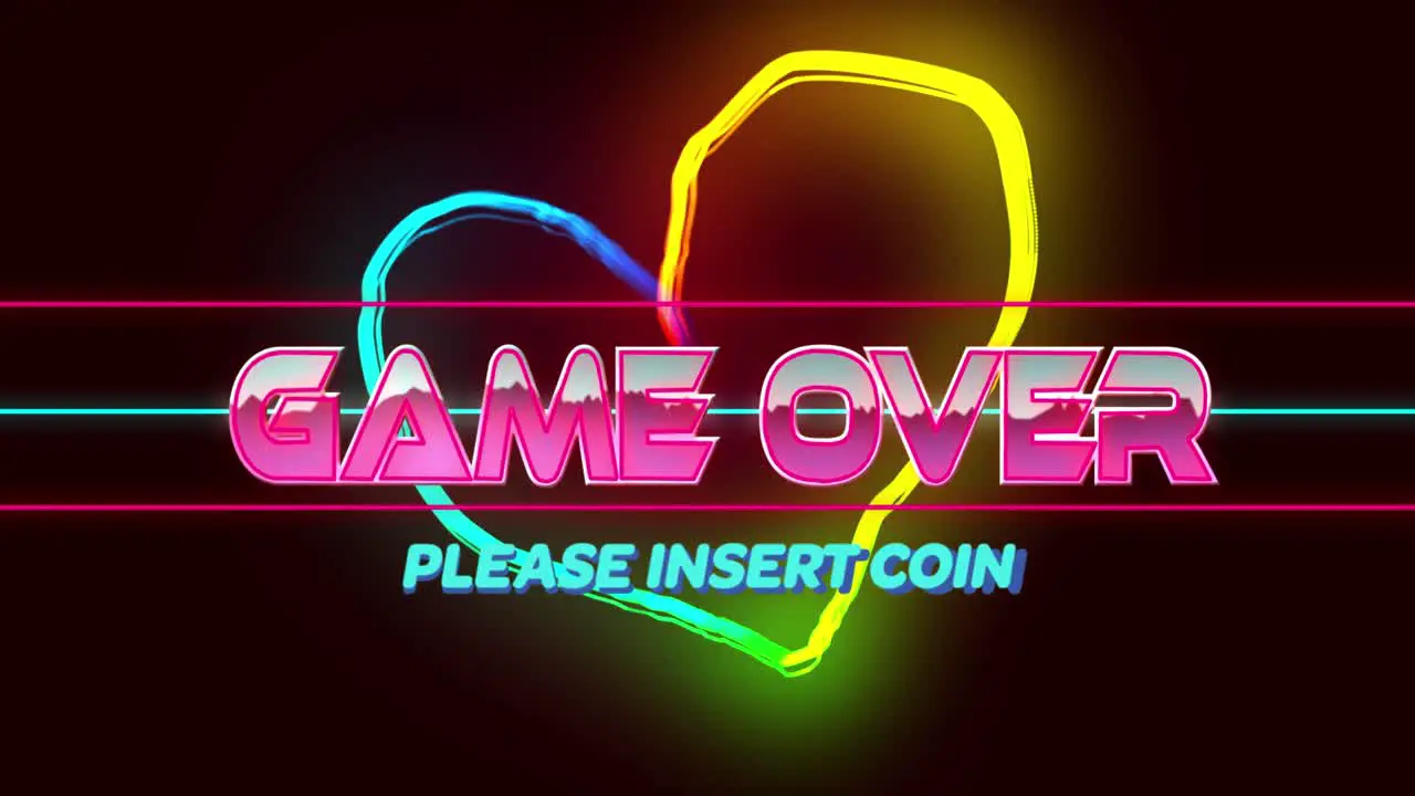 Animation of game over please insert coin heart and lines on black background