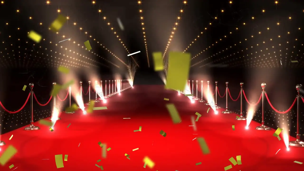 Animation of floating confetti over red carpet on black background