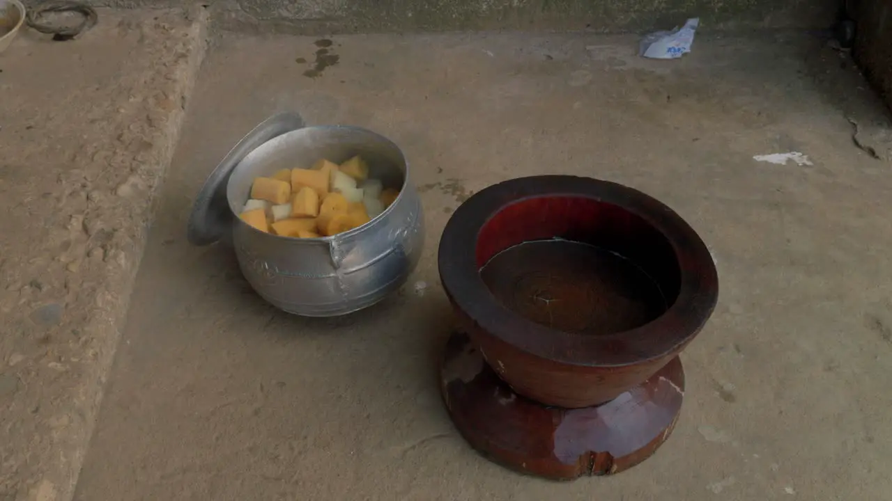 aluminium pot with vegetable food preparation in west Africa