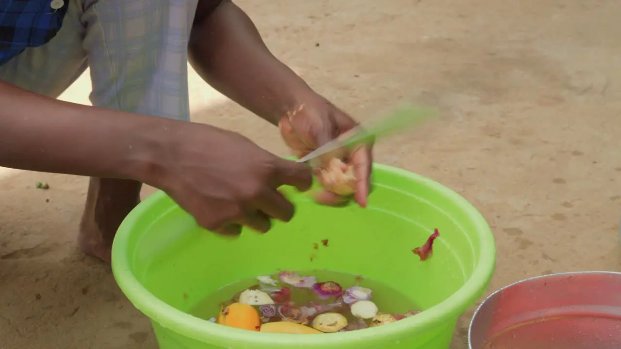 close up of skilled chef female black African woman peeling vegetable with a knife in the street of remote rural village