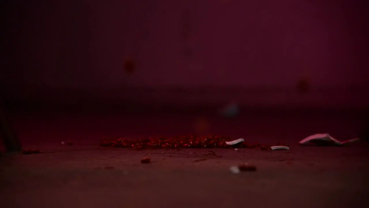 A bowl of beans is dropped onto concrete in slow motion