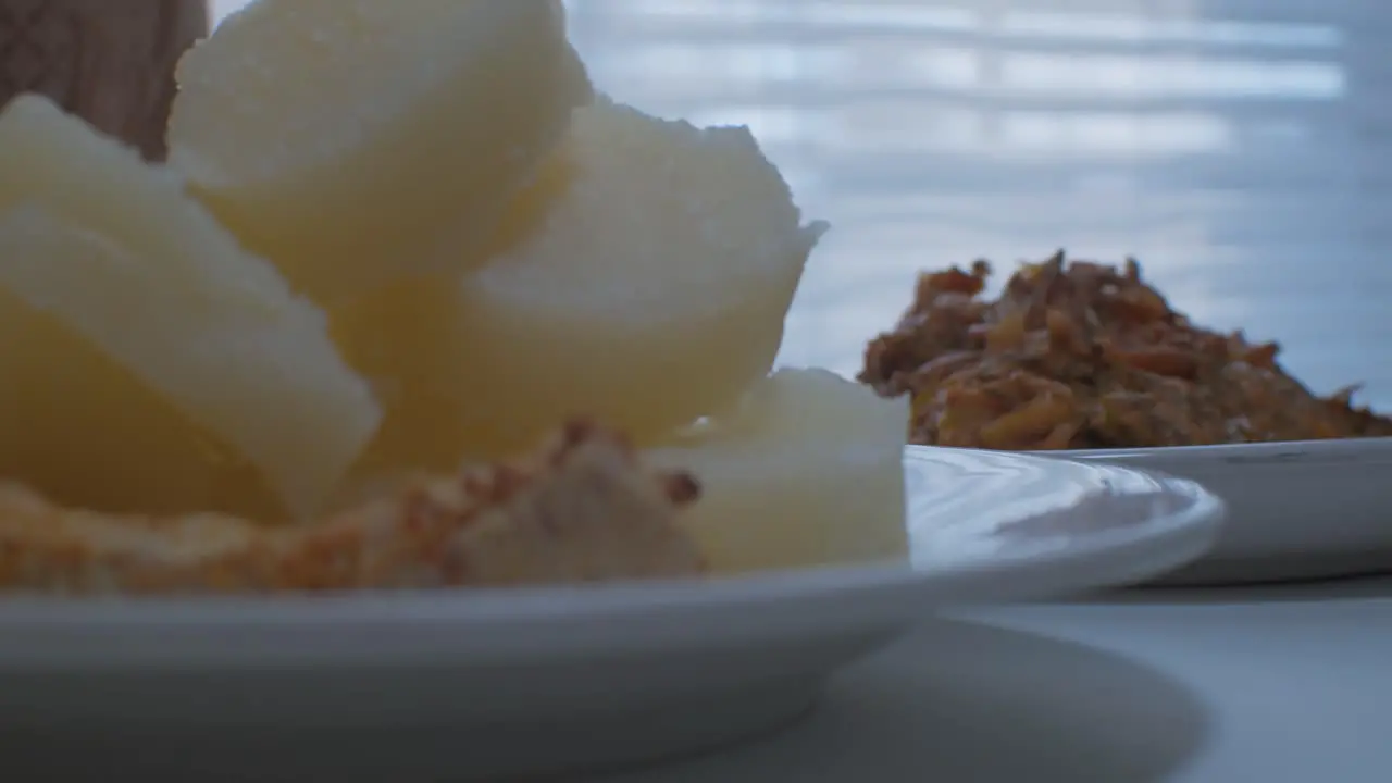 Traditional Congolese cuisine Kwanga mfumbwa likayabu dried shrimps