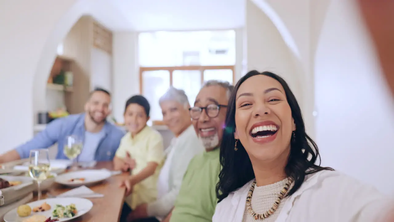 Happy family selfie and dinner for celebration