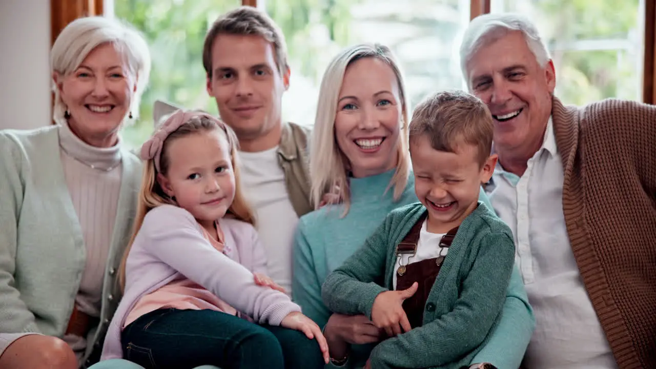 Big family face and happy on sofa with love