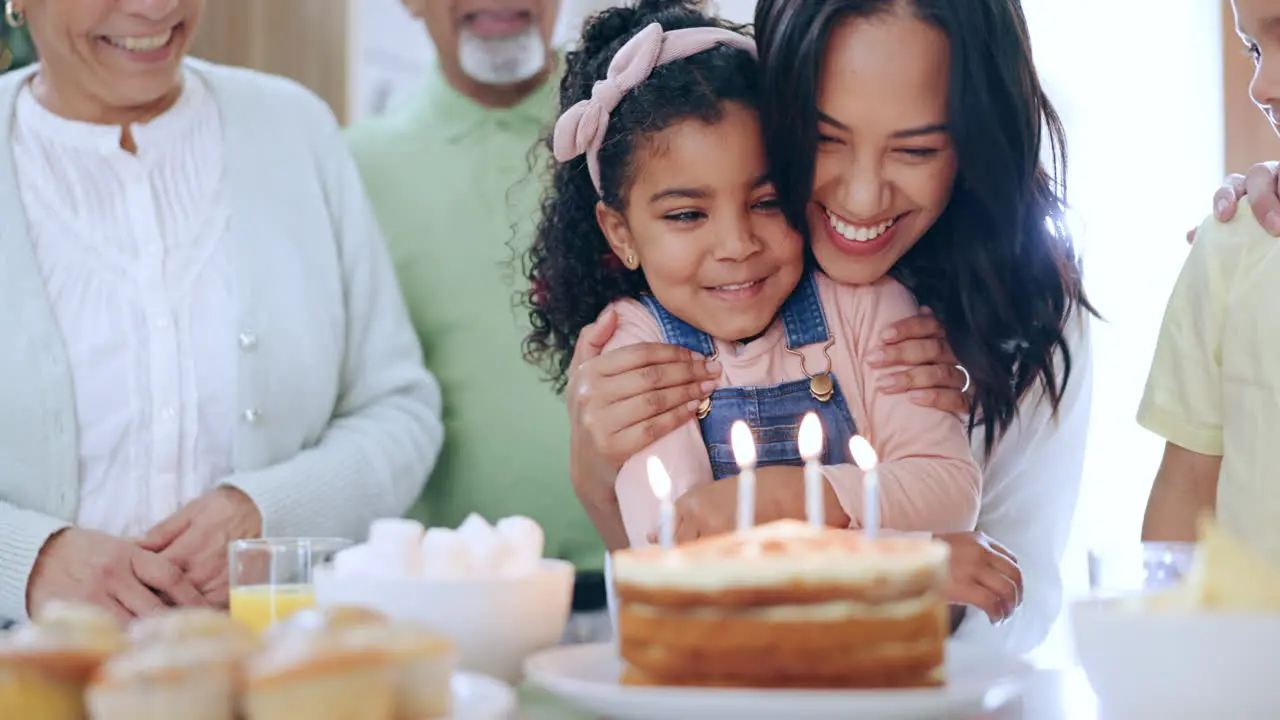 Happy family little girl and hug for birthday