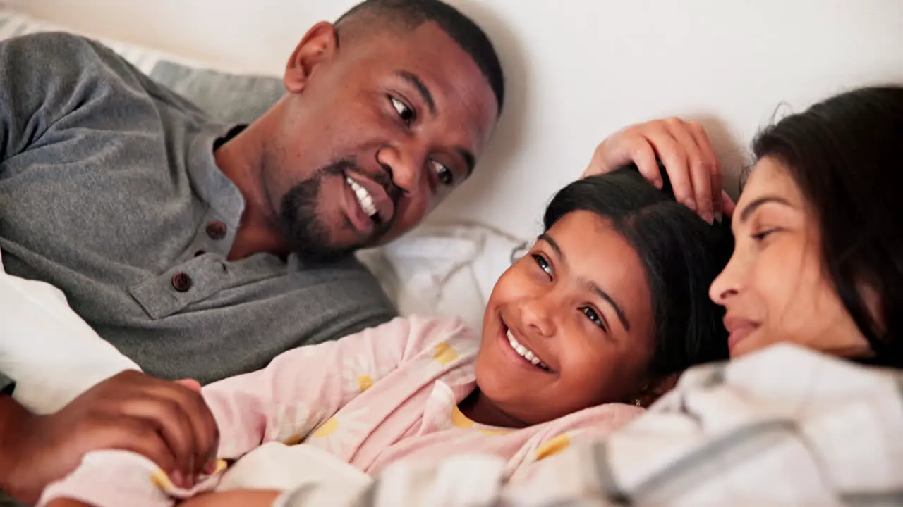 Parents girl kid and bed with talking