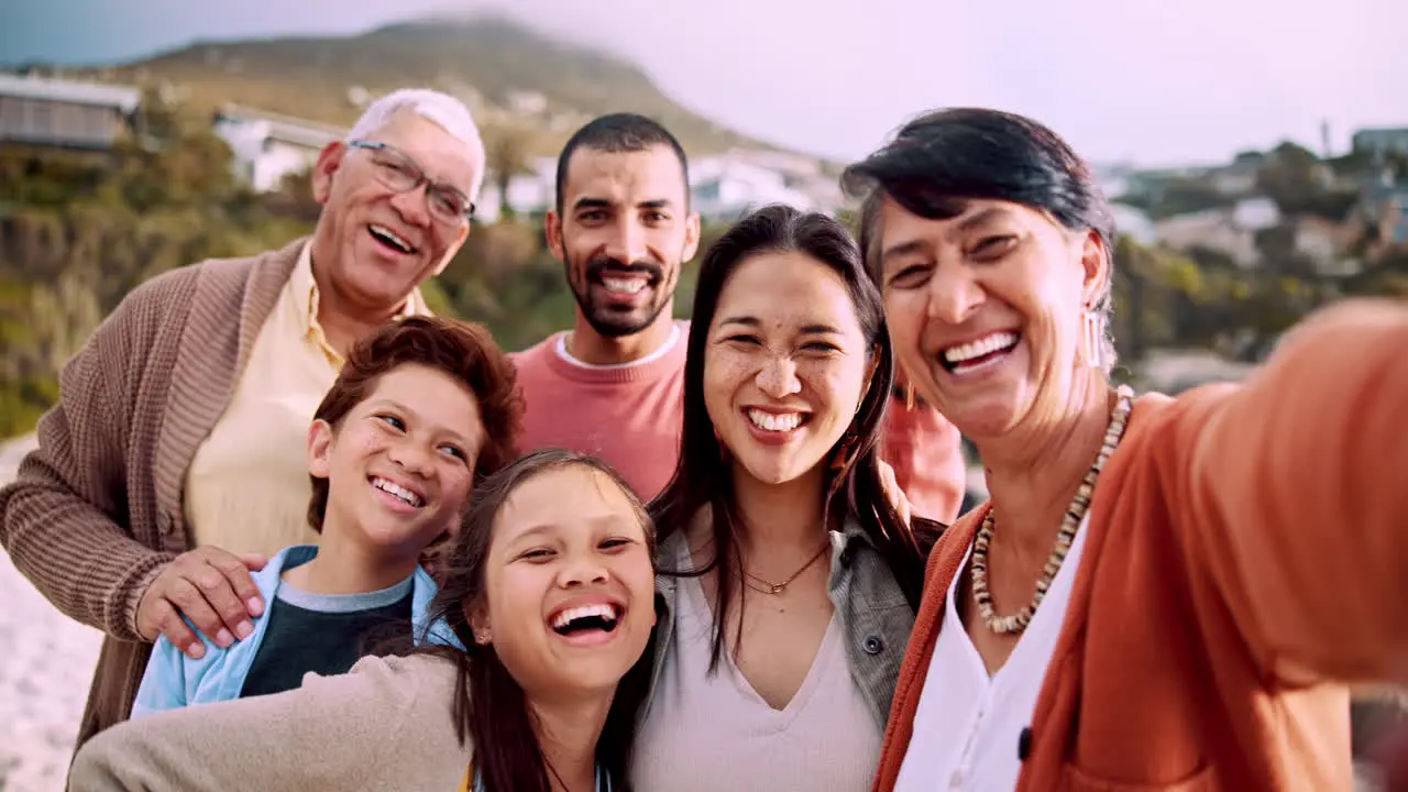 Beach selfie and face of big family with smile