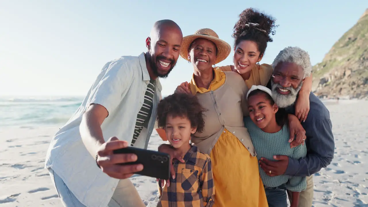 Funny selfie and big family at a beach