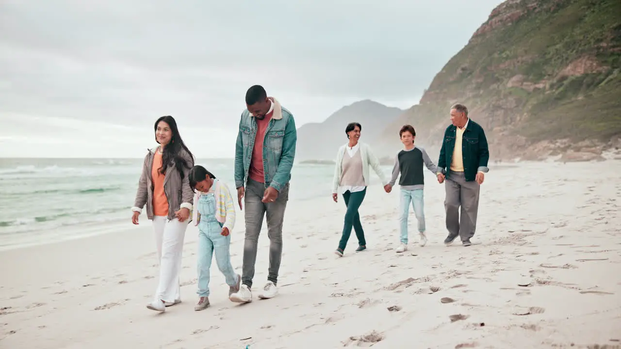 Big family happy and beach with walking