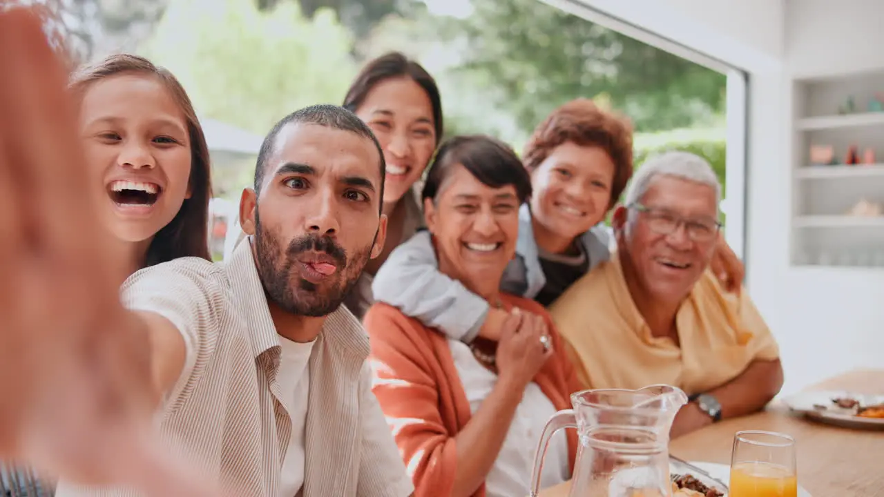 Happy selfie and face of big family at lunch