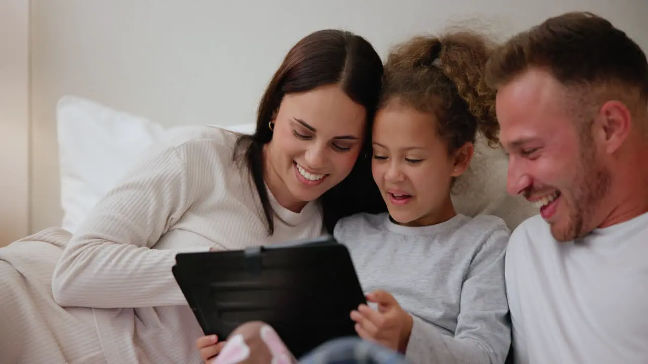 Happy family laughing or tablet for social media