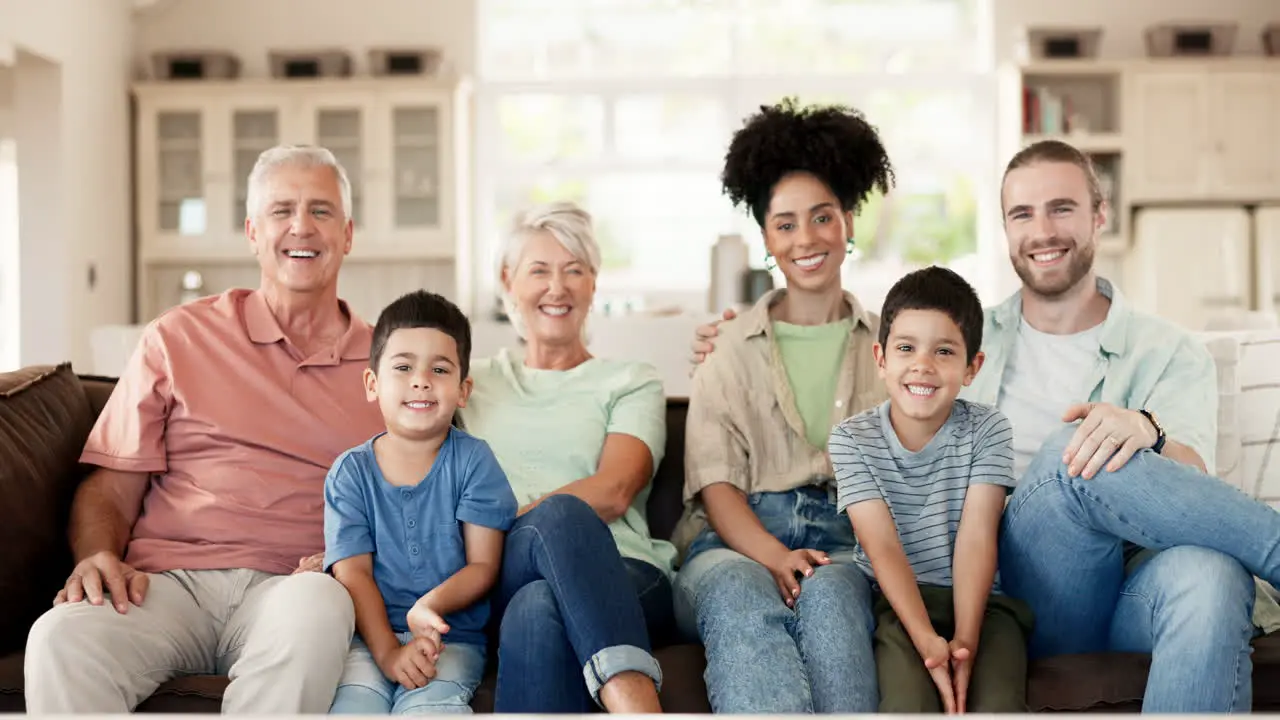 Happy smile and face of a big family on a sofa