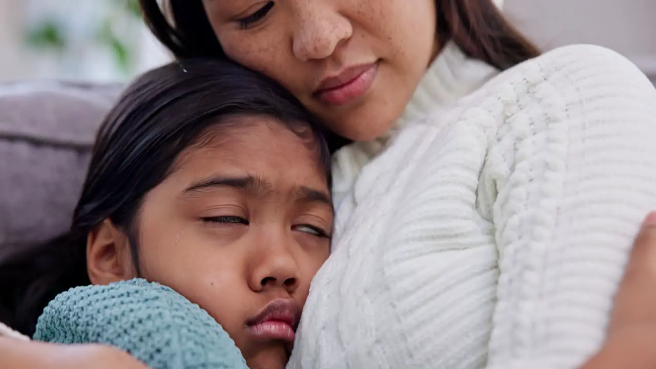 Mom girl and tired with hug