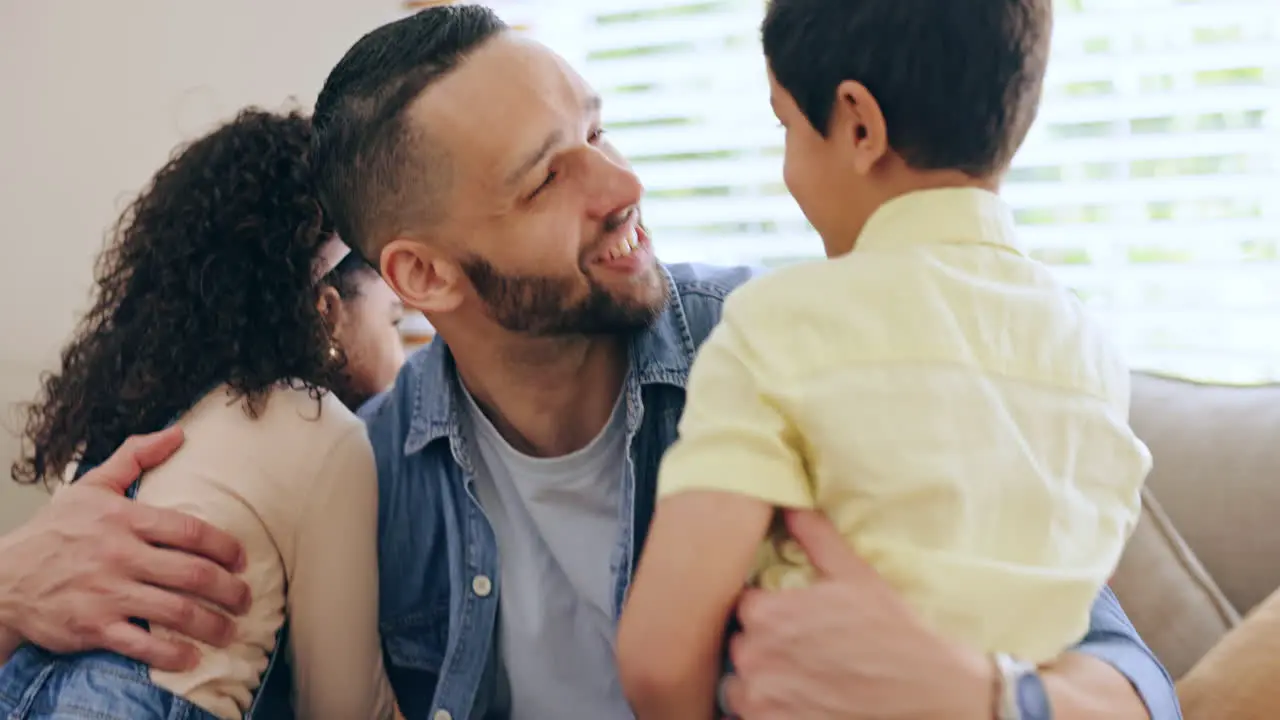 Love hug or father with children in home