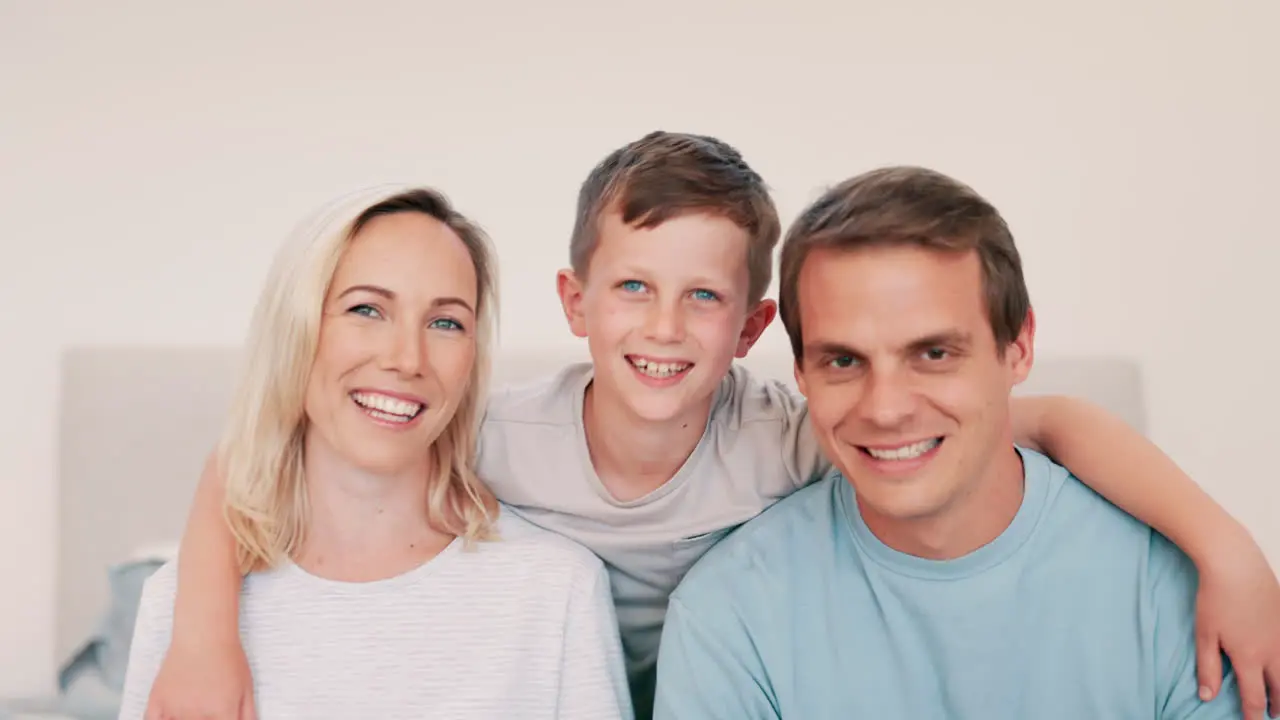 Happy family face and smile in bedroom for love