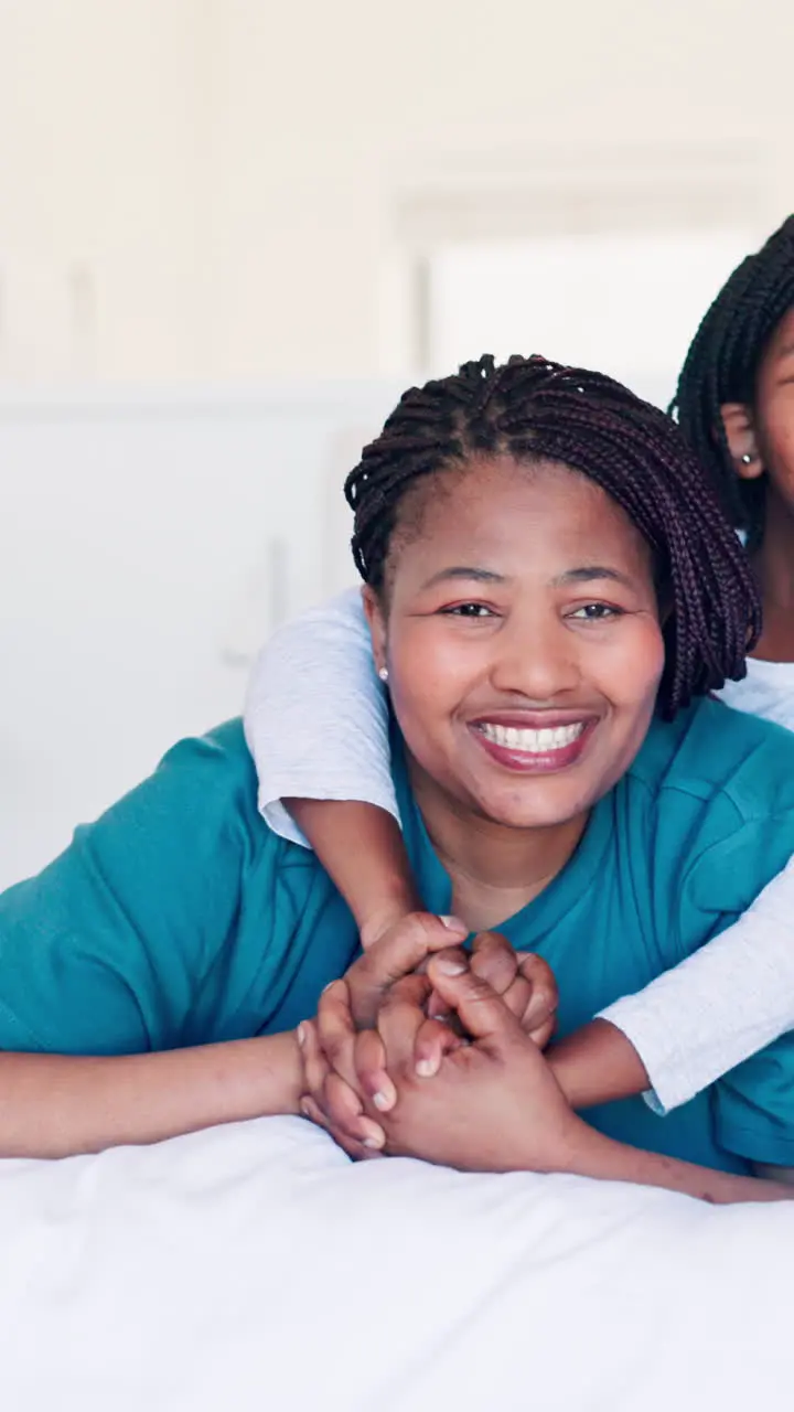 Parents hug or portrait of happy kids in bed