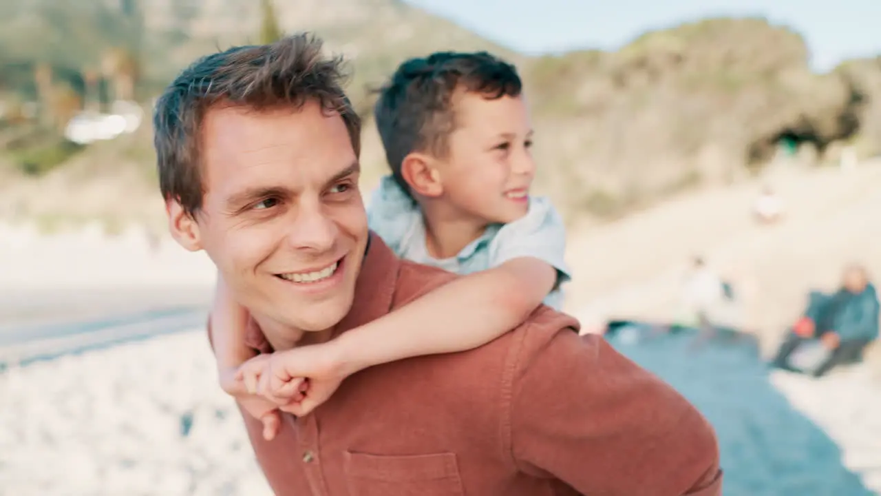 Beach happy family and dad piggyback child