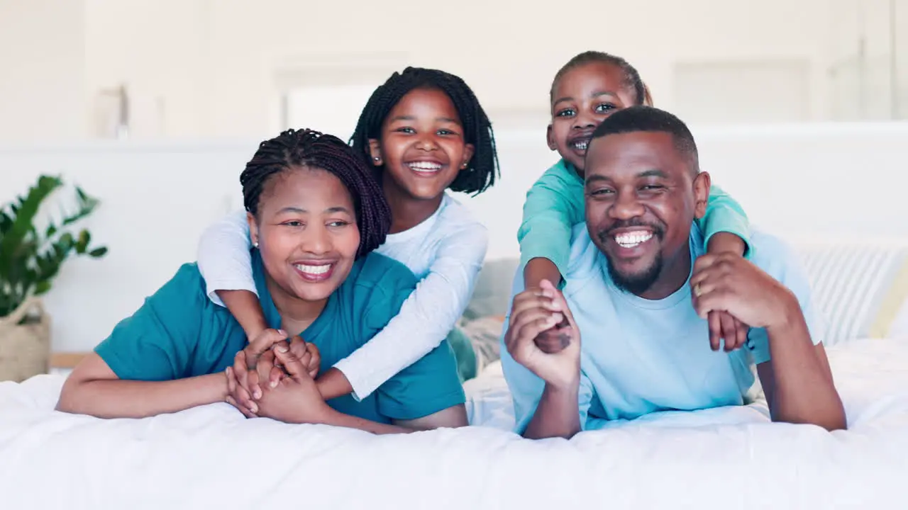 Parents hug or portrait of happy kids in bedroom