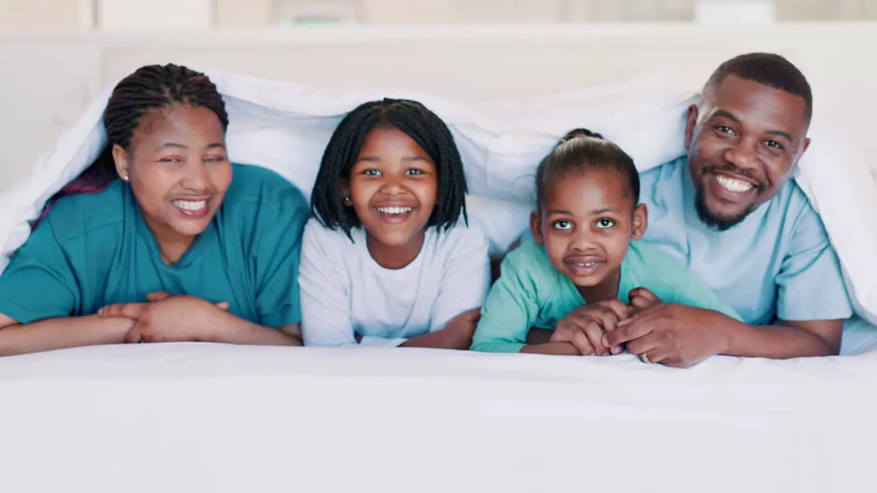 Dad mother or portrait of happy kids in bedroom