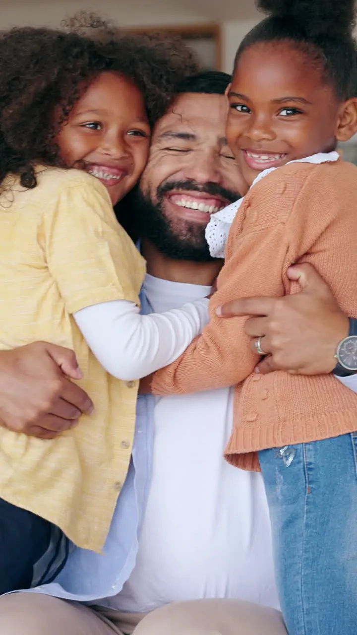 Love face or father with children to hug in home