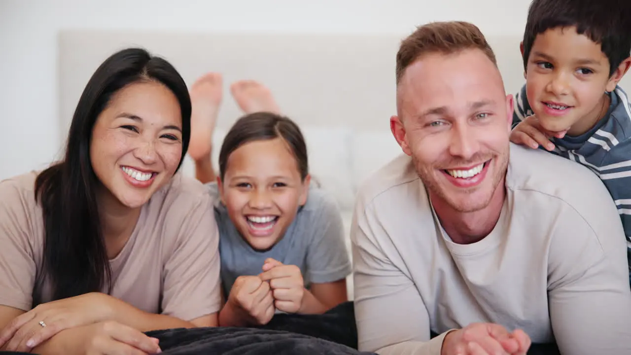 Face happy family and children with smile on bed