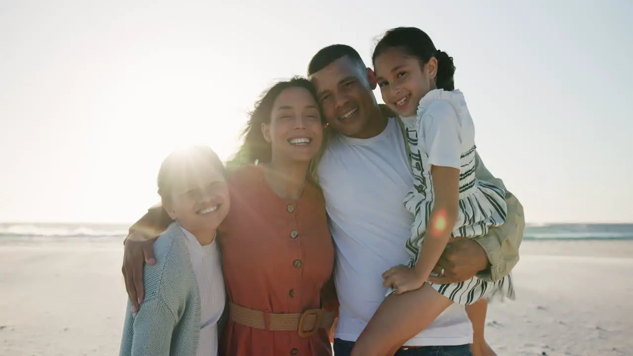 Parents children and beach with smile on face