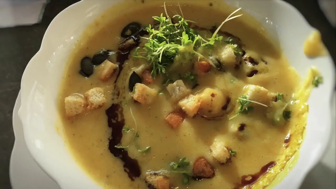 Potato soup with croutons in a bowl