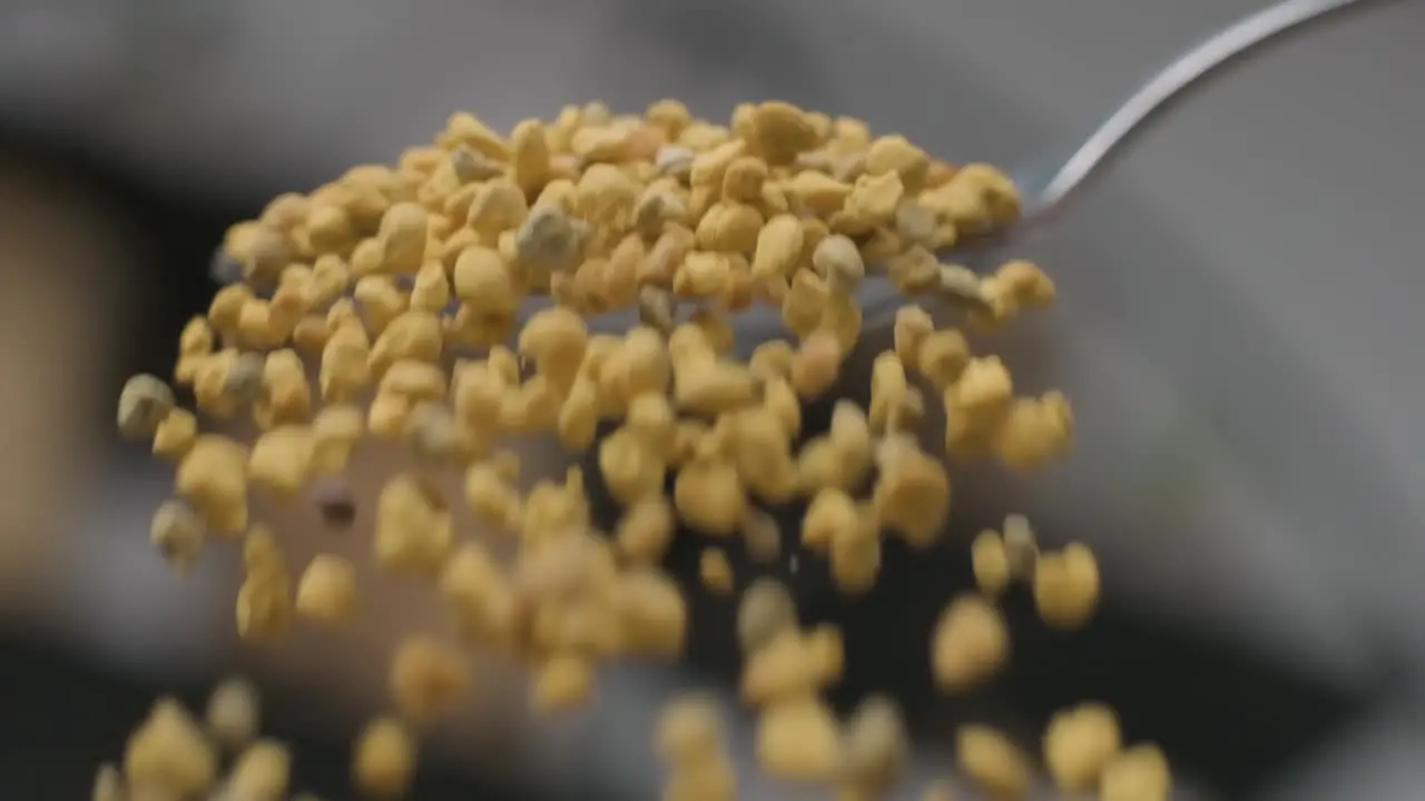 Spoonful Of Granular Bee Pollen Pouring In Slow Motion