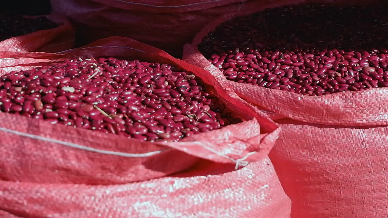 Dried red kidney beans in woven red sacks in sunshine at street market