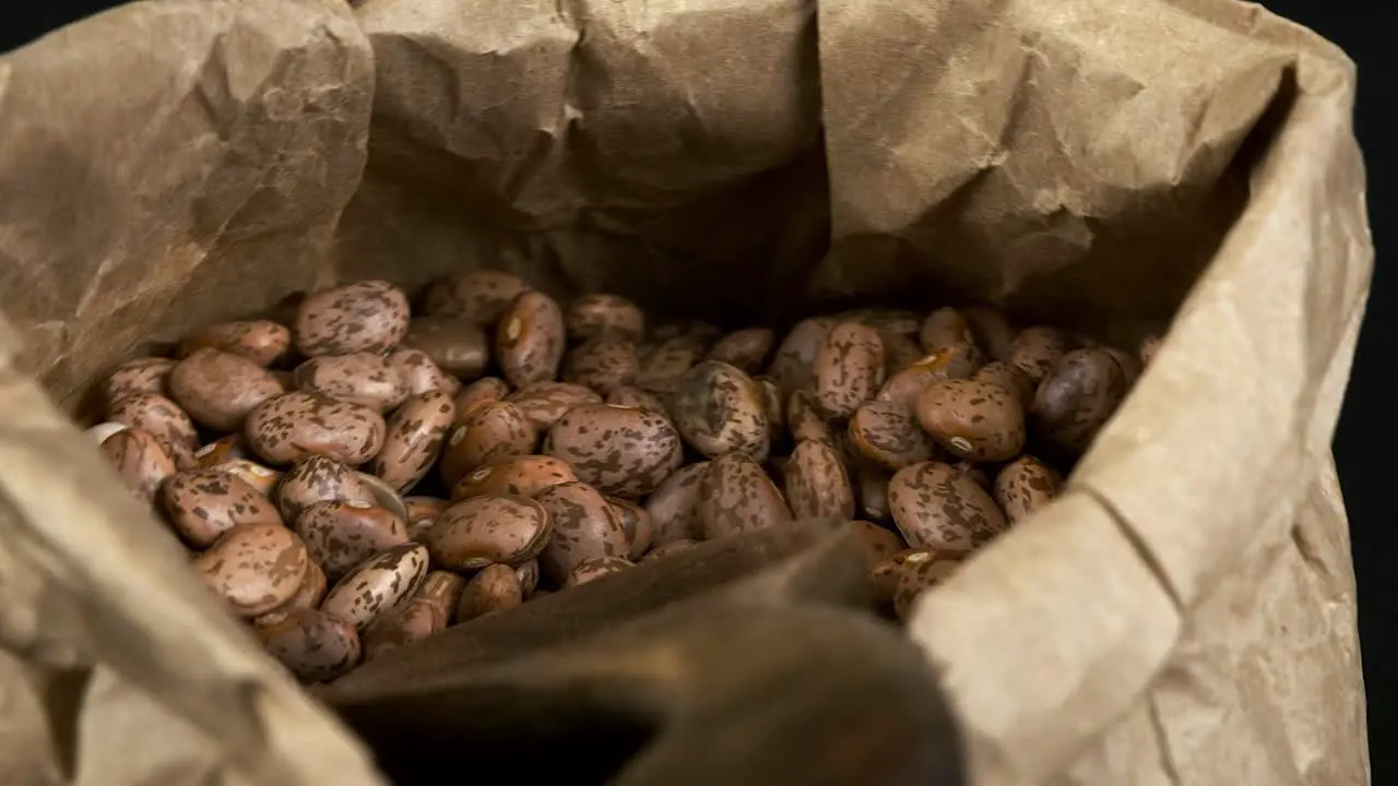 Spotted dry Pinto Beans in paper bag rotate in close-up macro view