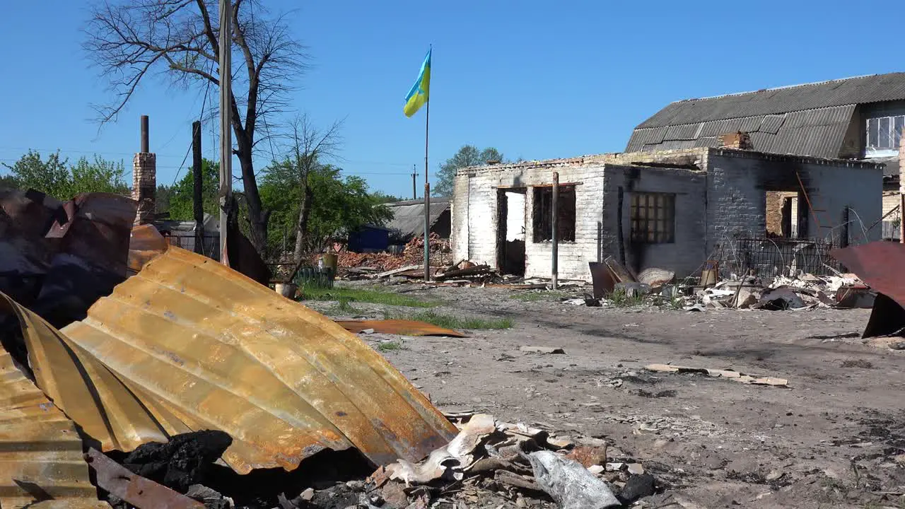 A Ukrainian Base Outpost Is Destroyed In The Town Of Moschun With The Ukrainian Flag Still Flying