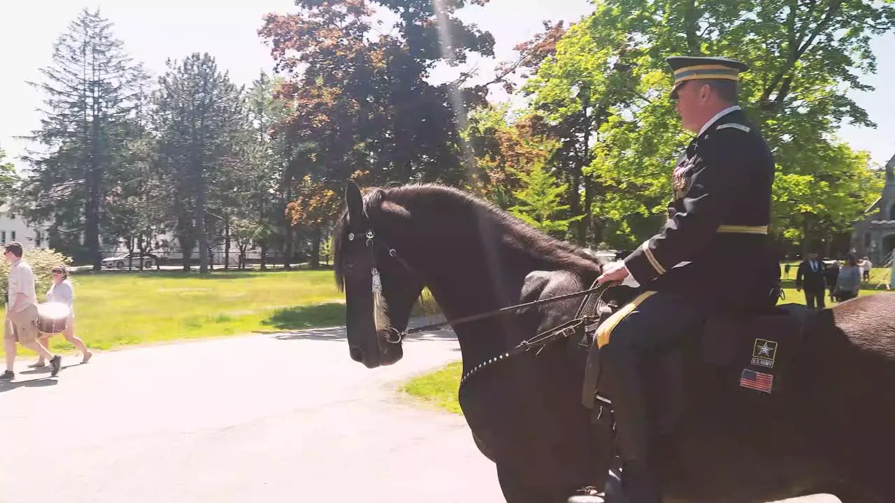 Parade Marshall in full uniform rides beautiful black horse in parade