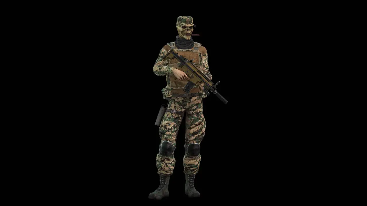 A skeleton head soldier wearing a military uniform holding a machine gun and having a cigar in his mouth standing idle on black background with alpha channel  3D animation animated character