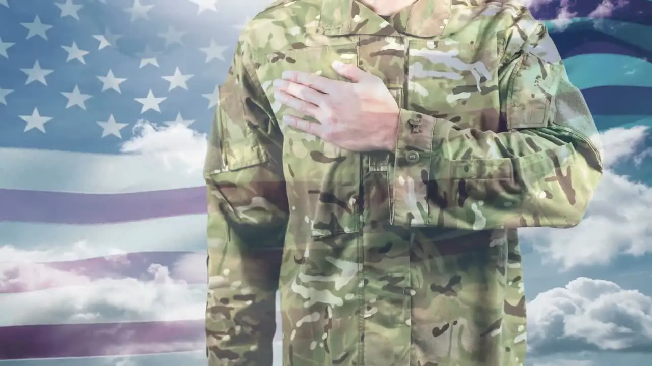 American soldier taking a pledge and American flag swaying in the background 4k