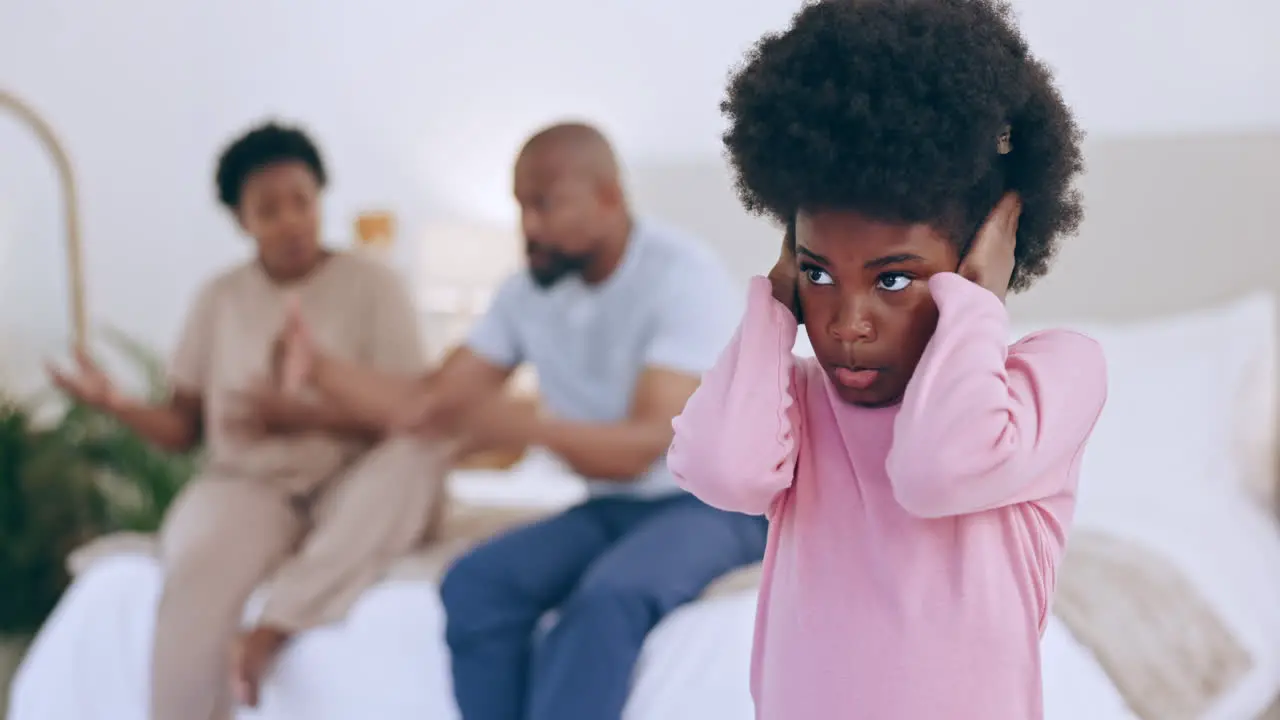 Black family fight and divorce on bed with child